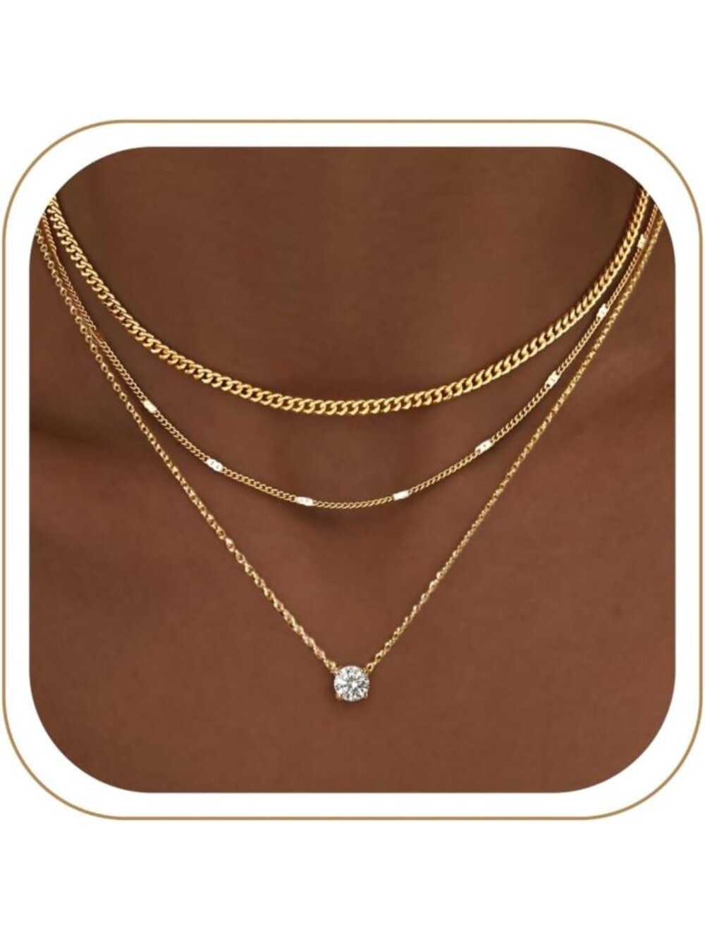 Layered Gold Necklaces for Women - Dainty Pendant & Chunky Cuban Chain Set